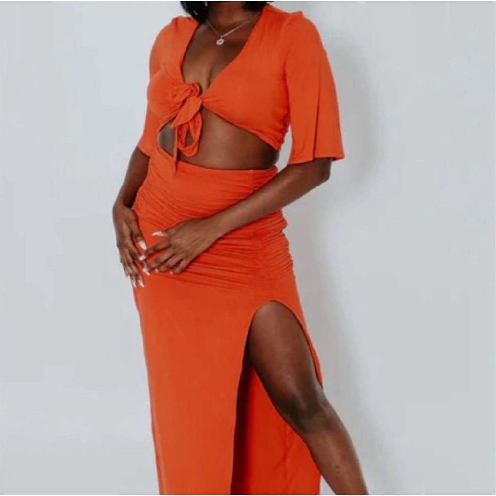 Klassy Network Orange Red 2 Piece Set Ruched Maxi Skirt Tie Front Crop Top Small